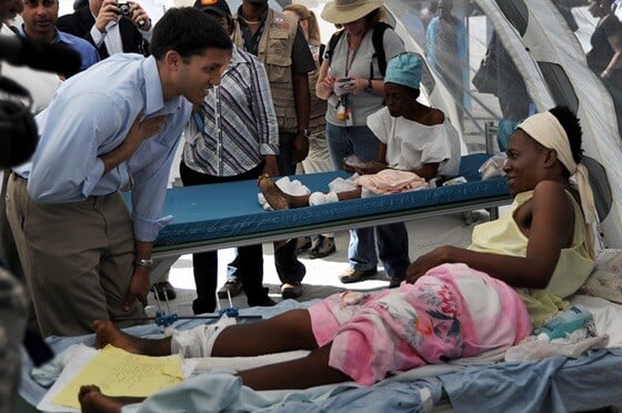USAID Administrator Rajiv Shah visits a hospital in Port-au-Prince following the 2010 Haiti earthquake.